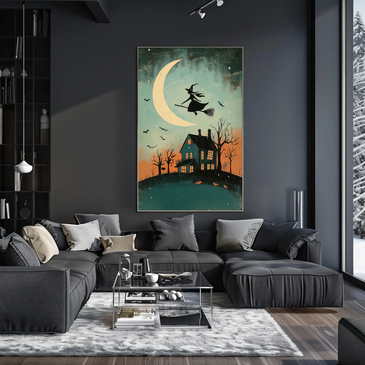 Witch and Moon Halloween Vintage Spooky Whimsical Poster