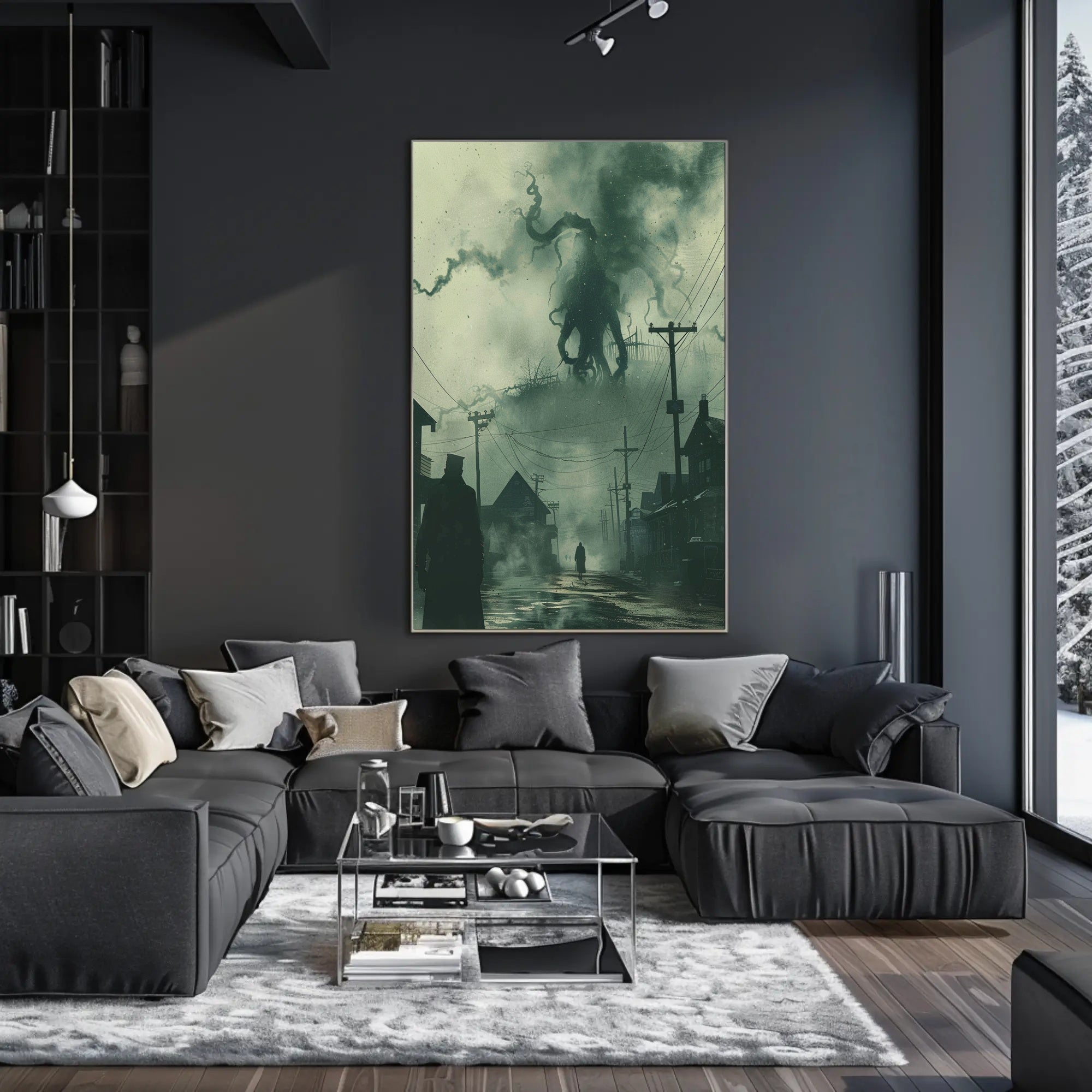 Dark Victorian Town with Tentacled Creature Fantasy Poster PosterGoat