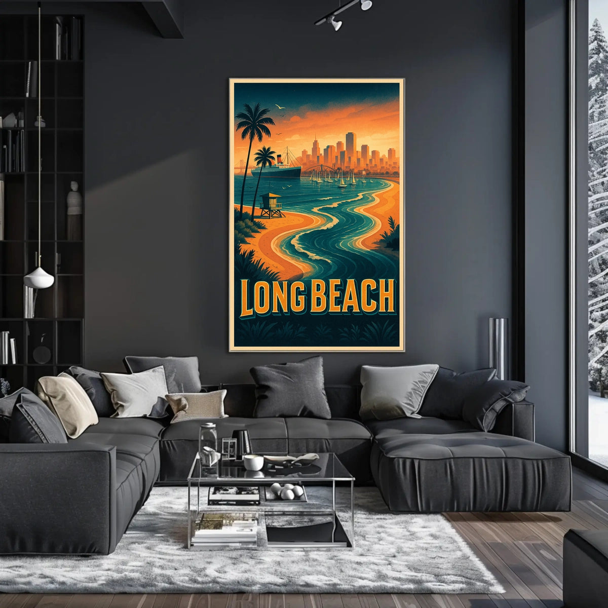 Long Beach Coastal Scene Retro Style Palm Trees City Skyline Poster