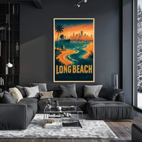 Long Beach Coastal Scene Retro Style Palm Trees City Skyline Poster