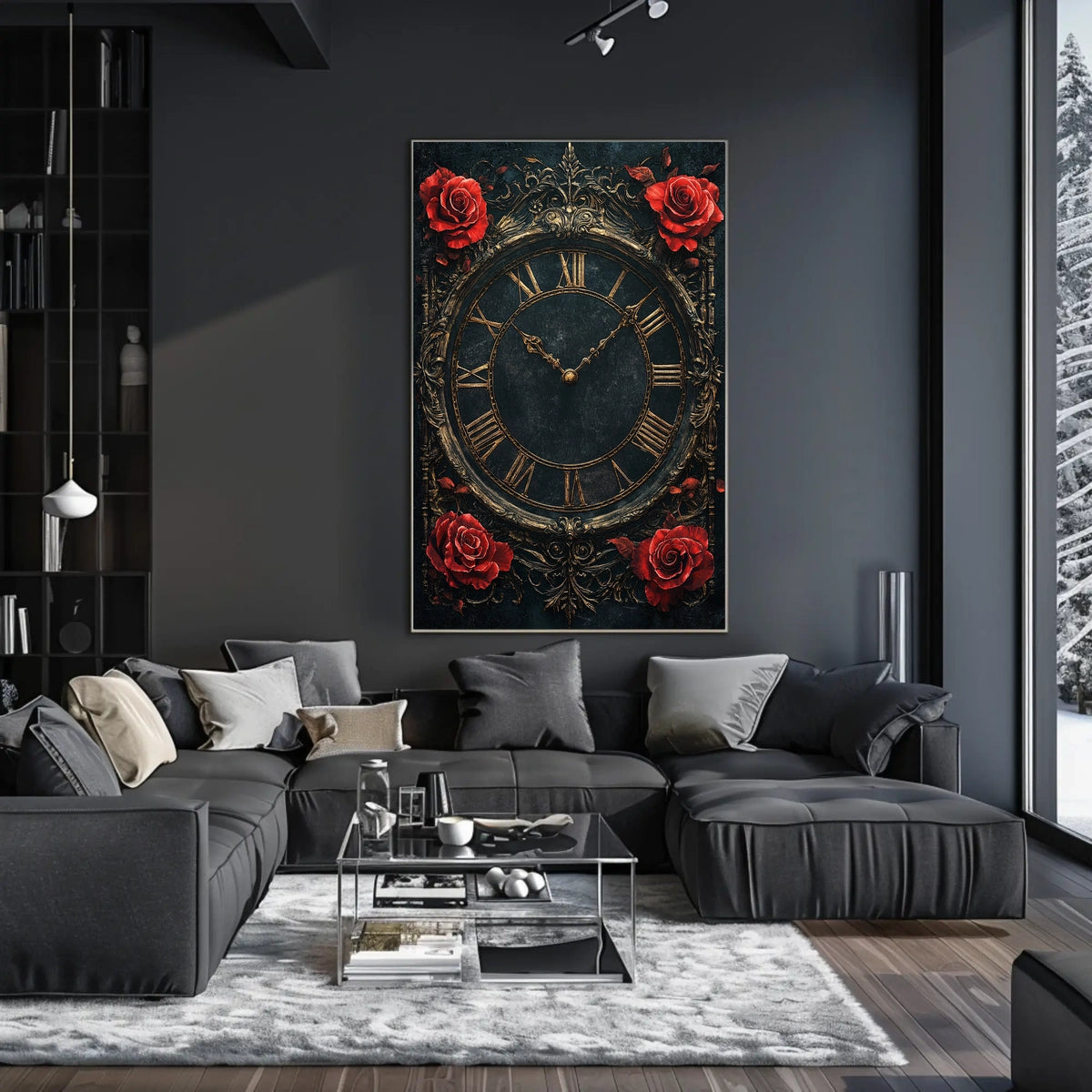 Vintage Roman Clock with Roses Artistic Poster