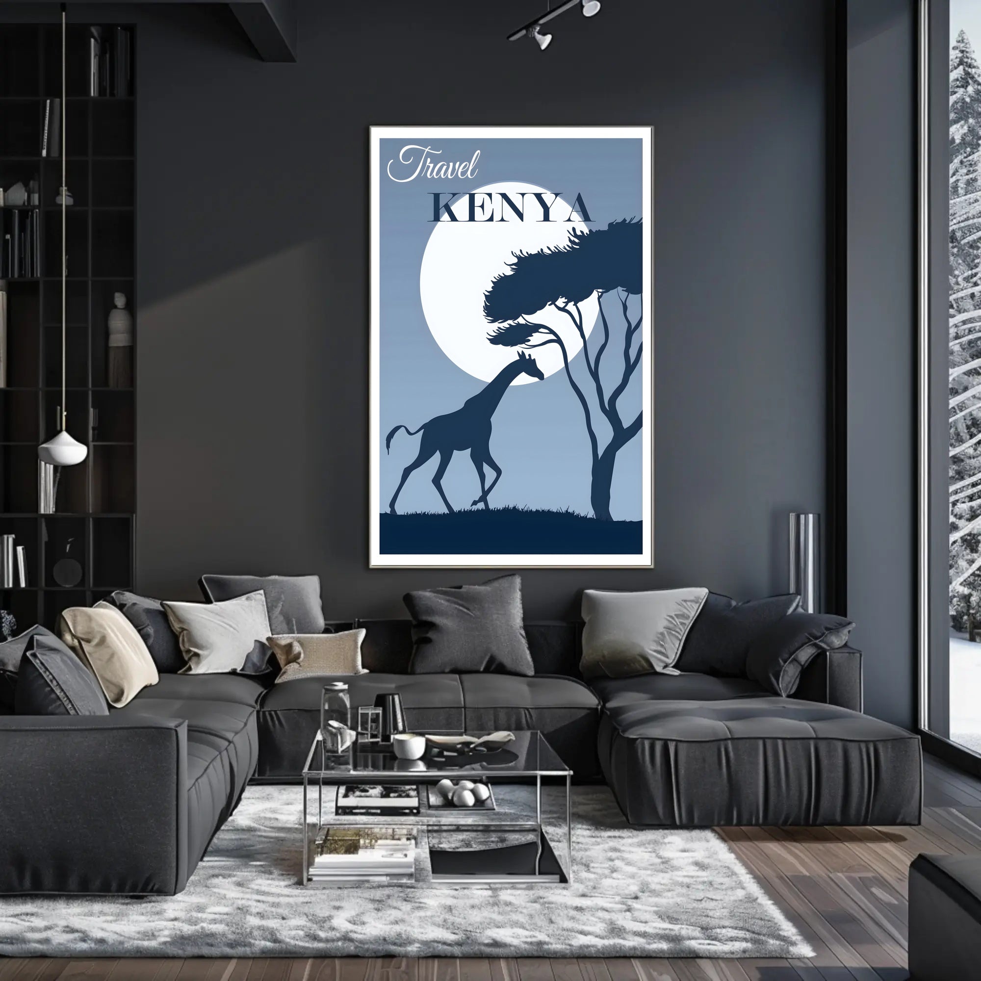 Kenya Sunset Silhouette: Giraffe at Moonrise Travel Poster