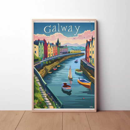 Galway Harbor Boats Colorful Sunset Travel Poster
