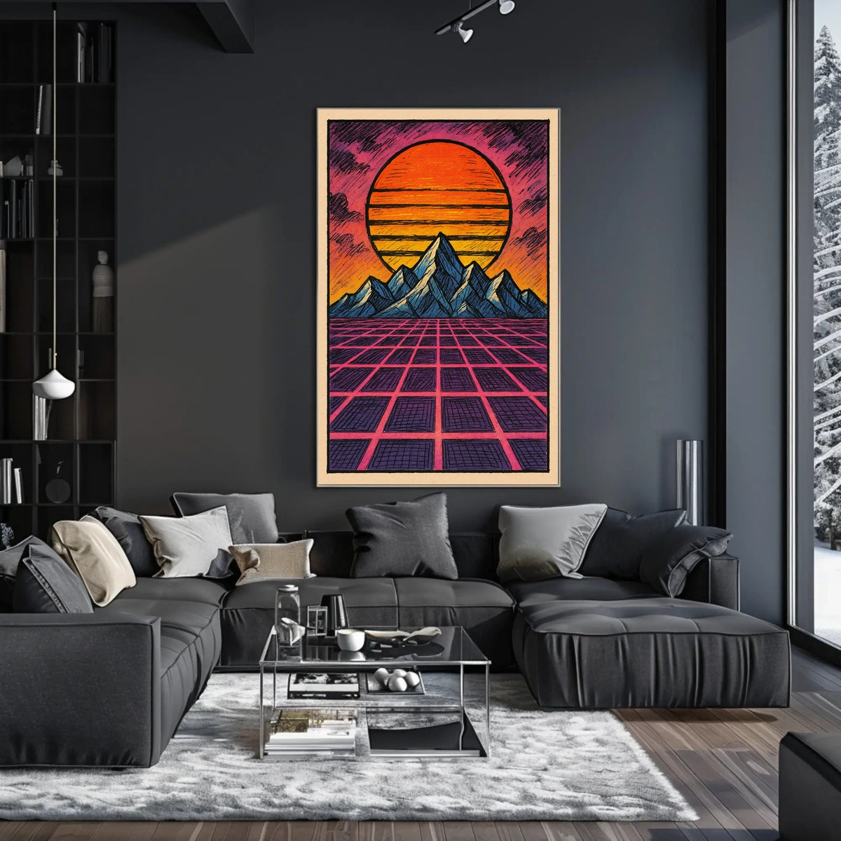 Retro-Futuristic Sunset over Mountains: Futuristic Sci-Fi Poster