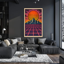 Retro-Futuristic Sunset over Mountains: Futuristic Sci-Fi Poster
