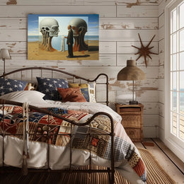 Surreal Beach Scene with Skeletal Structures Artistic Poster