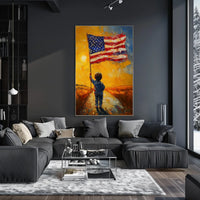 child holding a large American flag Poster