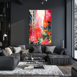 Urban Nature Fusion: Vibrant Cityscape Meets Botanical Wonderland Poster