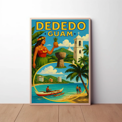 Dededo Guam Island Culture Mountains Canoe Travel Poster