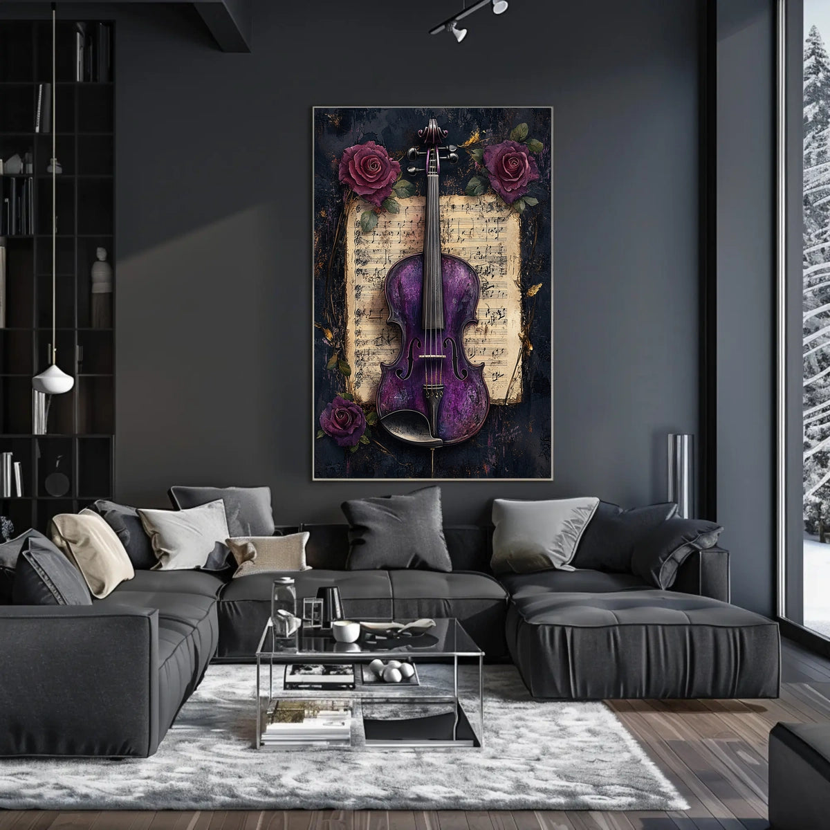 Artistic Purple Violin and Flowers Abstract Poster