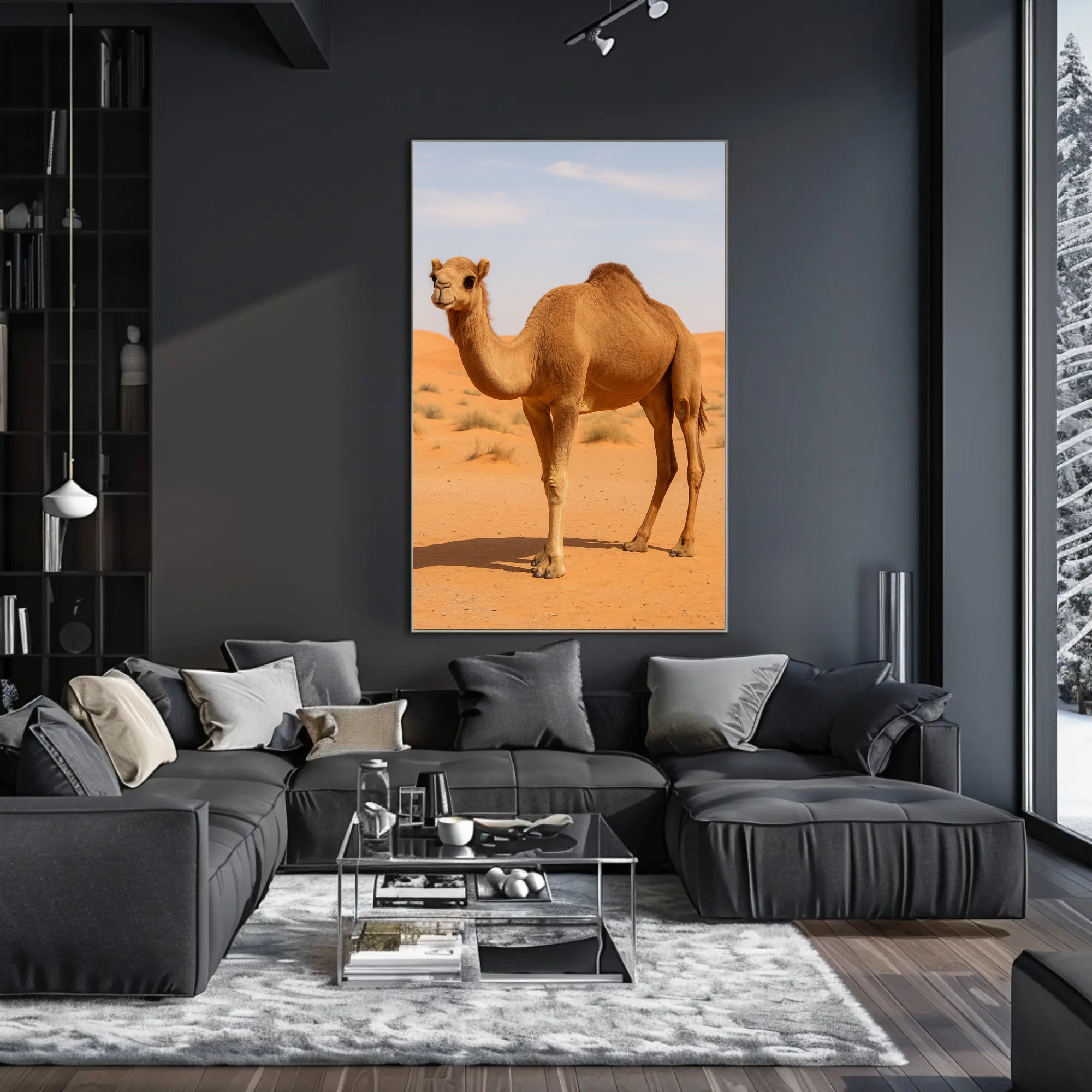 Serene Camel in Tranquil Desert Landscape Animal Poster