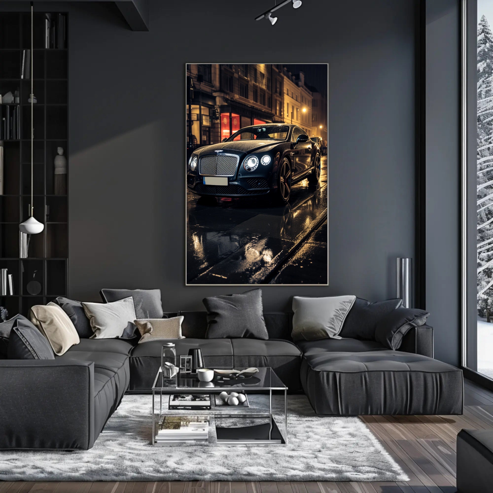Luxury Car on a Rainy Night Poster PosterGoat
