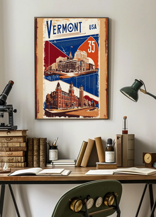 Vermont USA Historic Red Brick Skyline Travel Poster