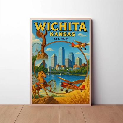 Wichita Kansas Skyline Airplane River Horse Poster Poster