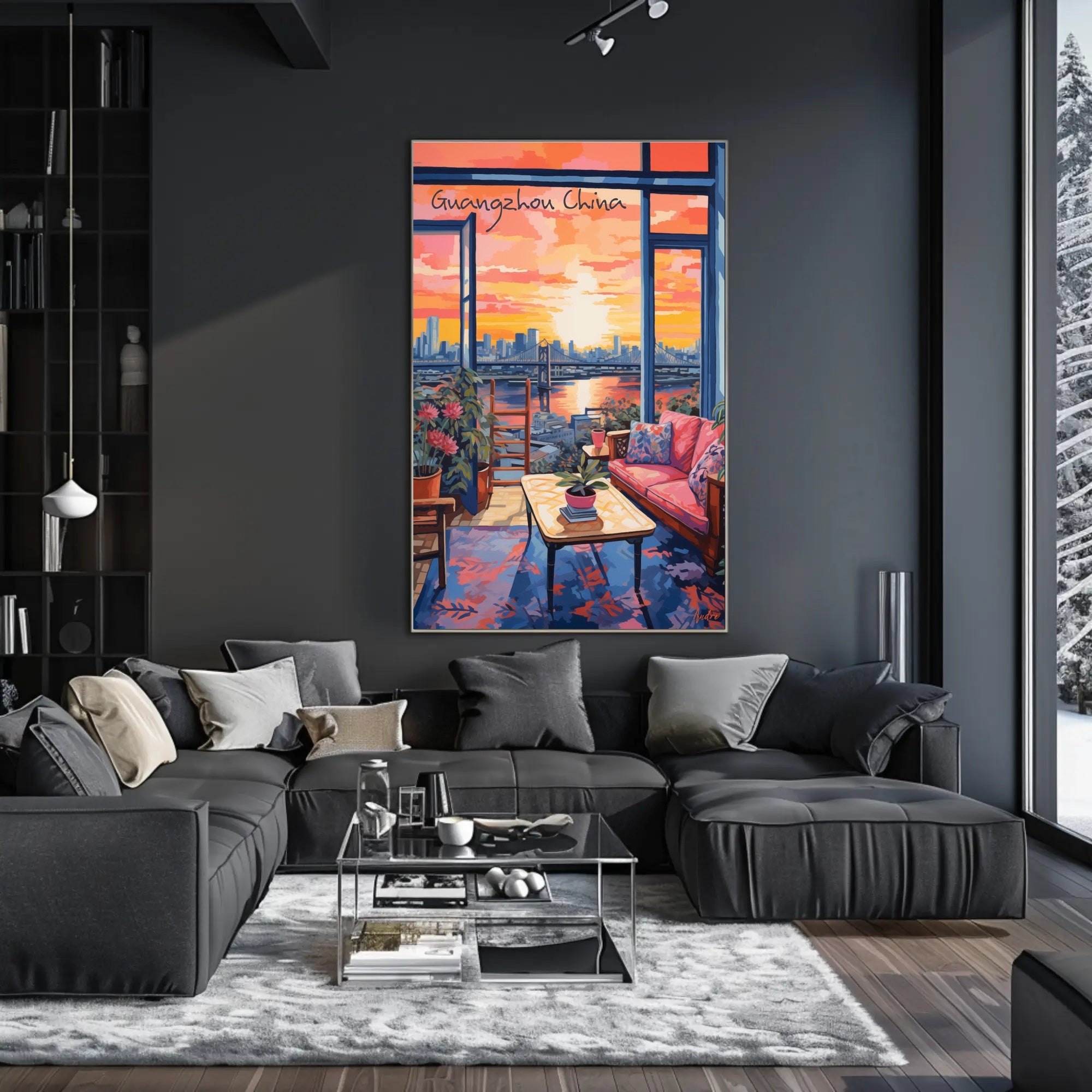 Guangzhou Sunset Cityscape with Cozy Interior Poster