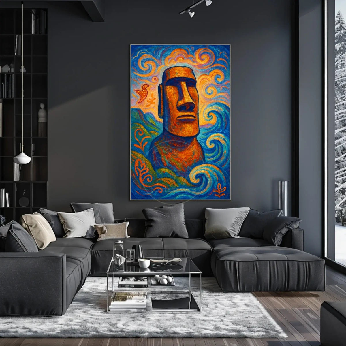 Moai Statue with Mystical Waves Abstract or Artistic Poster