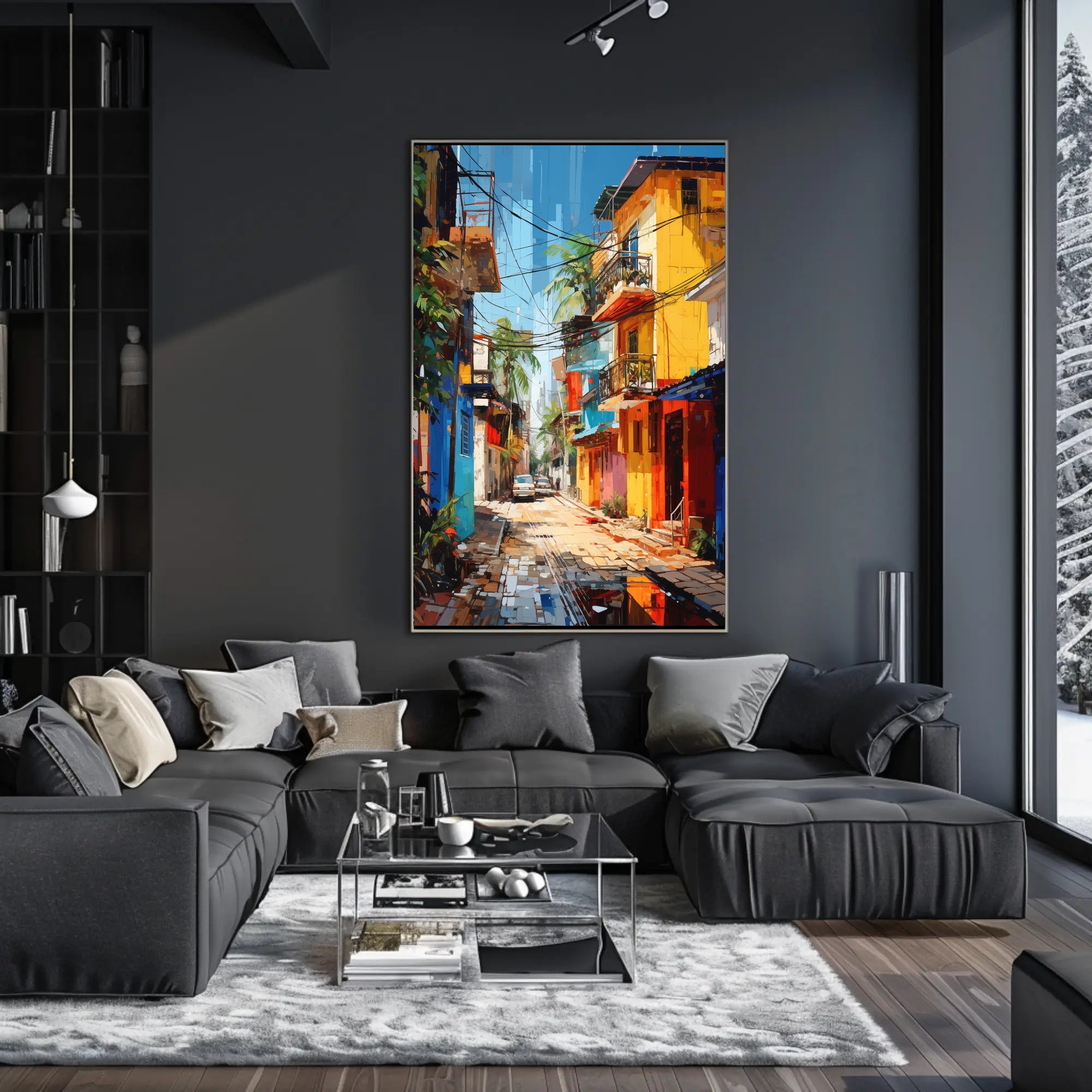 Vibrant Tropical Urban Street Scene Artistic Poster