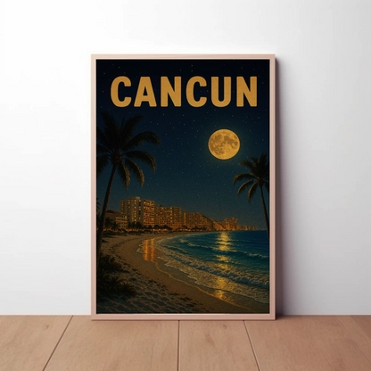 Cancun Beachfront Skyline Moonlight Travel Poster