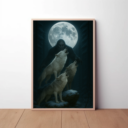 Bigfoot Howling Wolves Moonlit Forest Poster