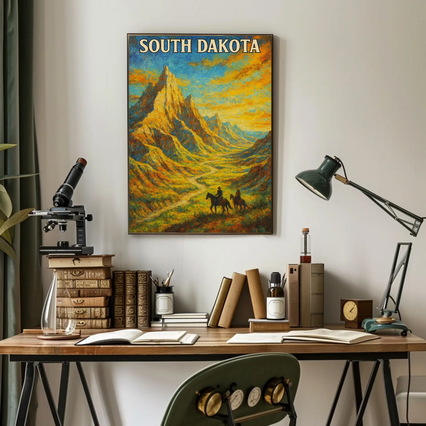 South Dakota Painted Cowboy Mountains Trail Vintage Travel Poster