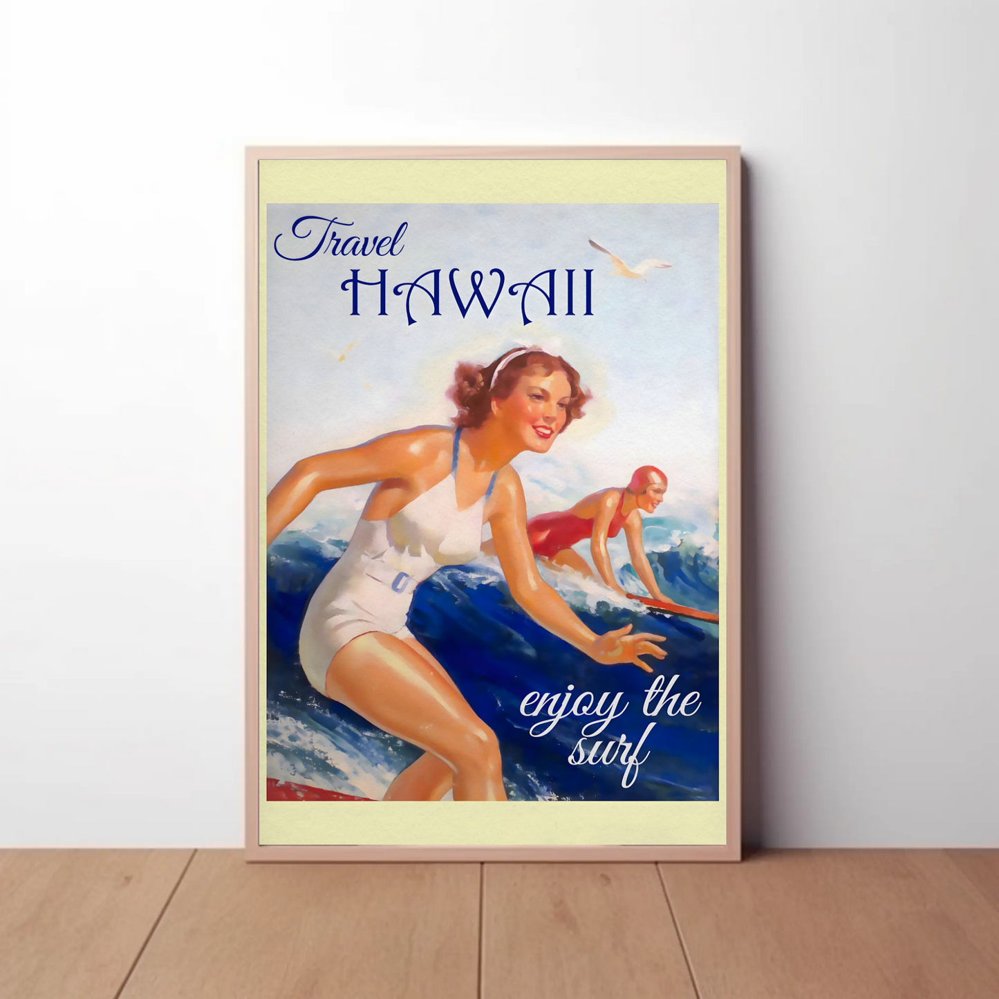 Hawaii Vintage Women Surfing Ocean Retro Travel Poster