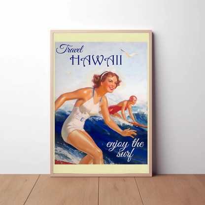 Hawaii Vintage Women Surfing Ocean Retro Travel Poster