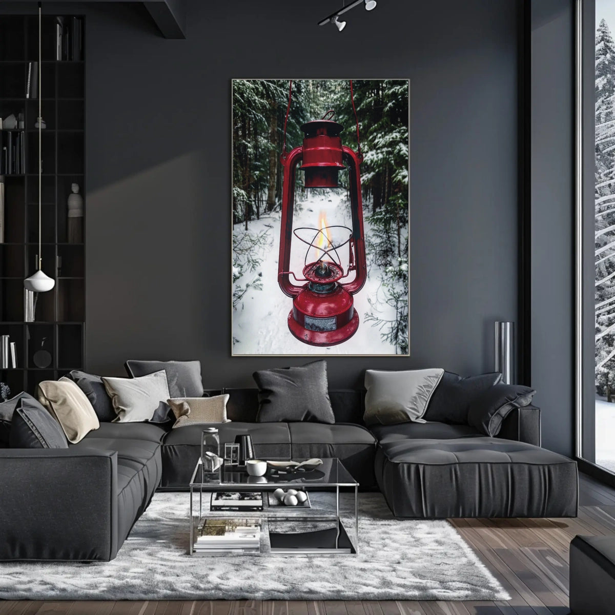 Red Lantern in Snowy Forest Adventure Travel Poster