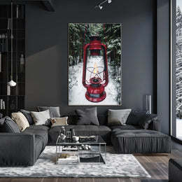 Red Lantern in Snowy Forest Adventure Travel Poster