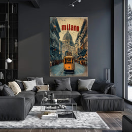 Vintage Tram Scene in Historic Milan Urban or Cityscape Poster