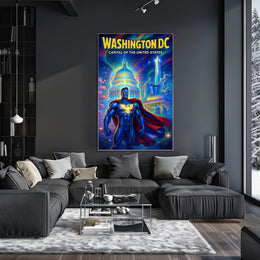 Superhero Patriotism in Washington DC Pop Culture Poster