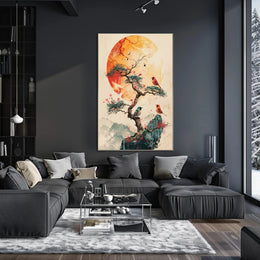 Serene Bonsai Tree with Vibrant Birds Poster PosterGoat