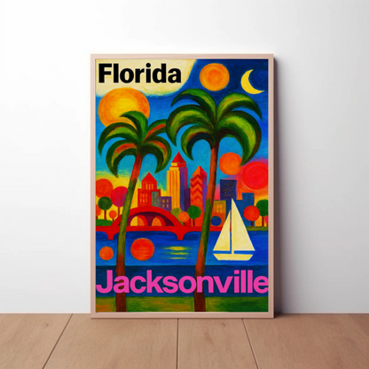 Jacksonville Florida Vibrant Skyline With Sailboat Travel Poster