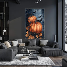 Stylized Halloween Pumpkins with Bats Decorative Art Poster