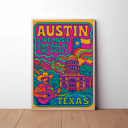 Psychedelic Sounds of Austin, Texas Travel Poster