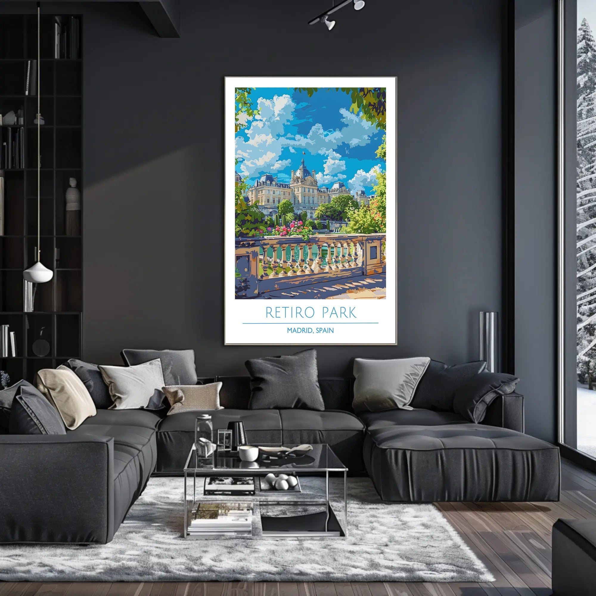 Retiro Park in Madrid vibrant travel illustration poster