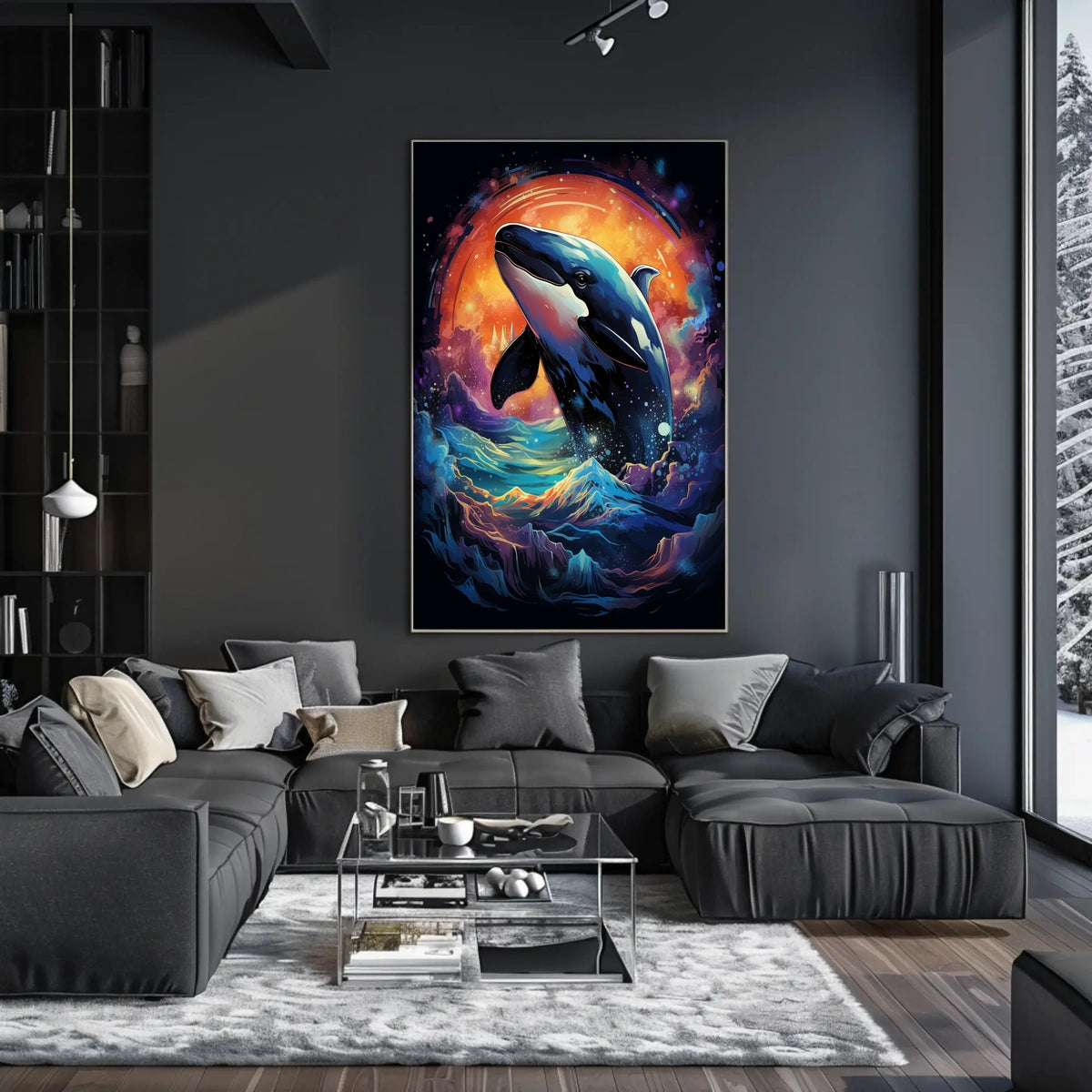 Whale in Cosmic Waves: Surreal Art Poster