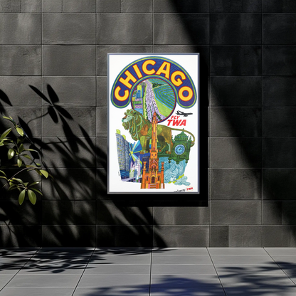 Fly TWA to Chicago! Vintage Style 1960s Travel Poster