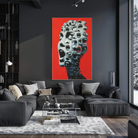 Surreal Faces Collage Poster: Red Background Art PosterGoat