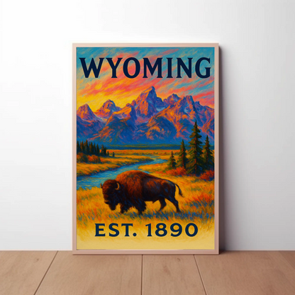 Wyoming Bison Mountains Sunset Vibrant Scenic Travel Poster