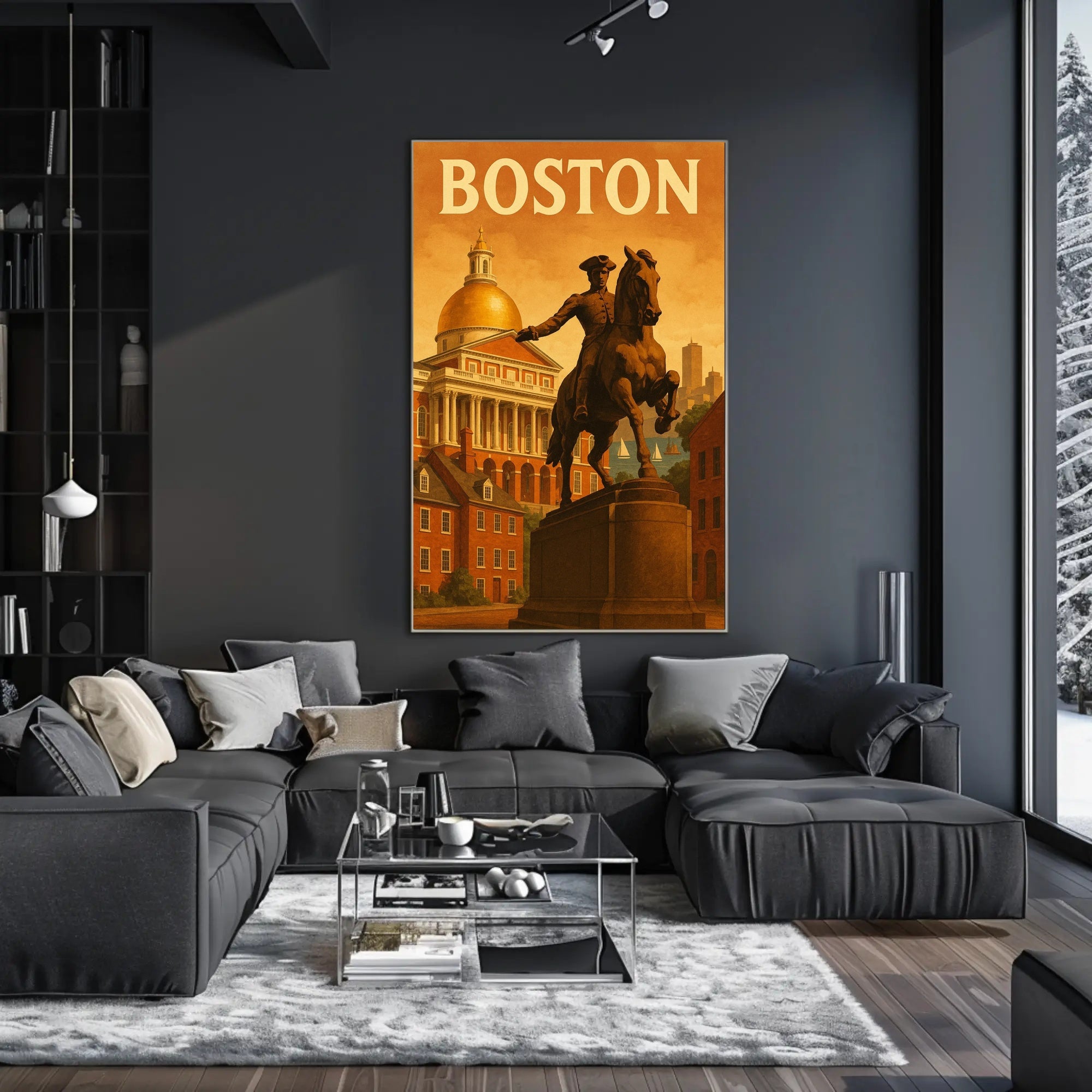 Boston's Grandeur: Equine Statue with State House Travel Poster