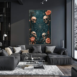The poster has a gothic and macabre theme, featuring four human skulls arranged Travel Poster
