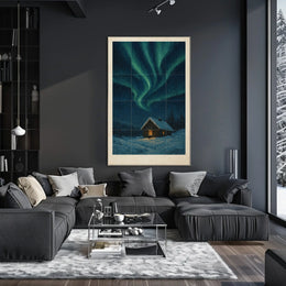 Northern Lights Over Snowy Cabin Poster