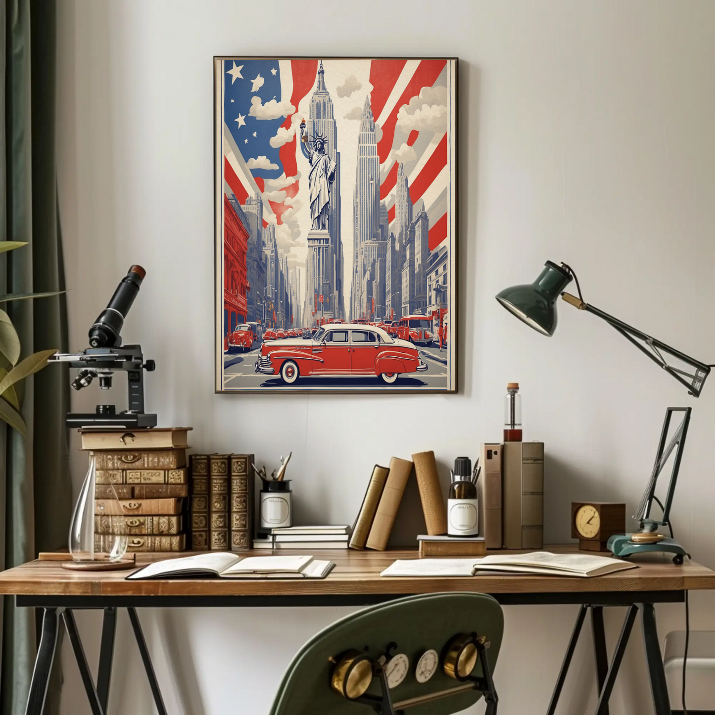 New York Statue Liberty Skyline Vintage Travel Poster