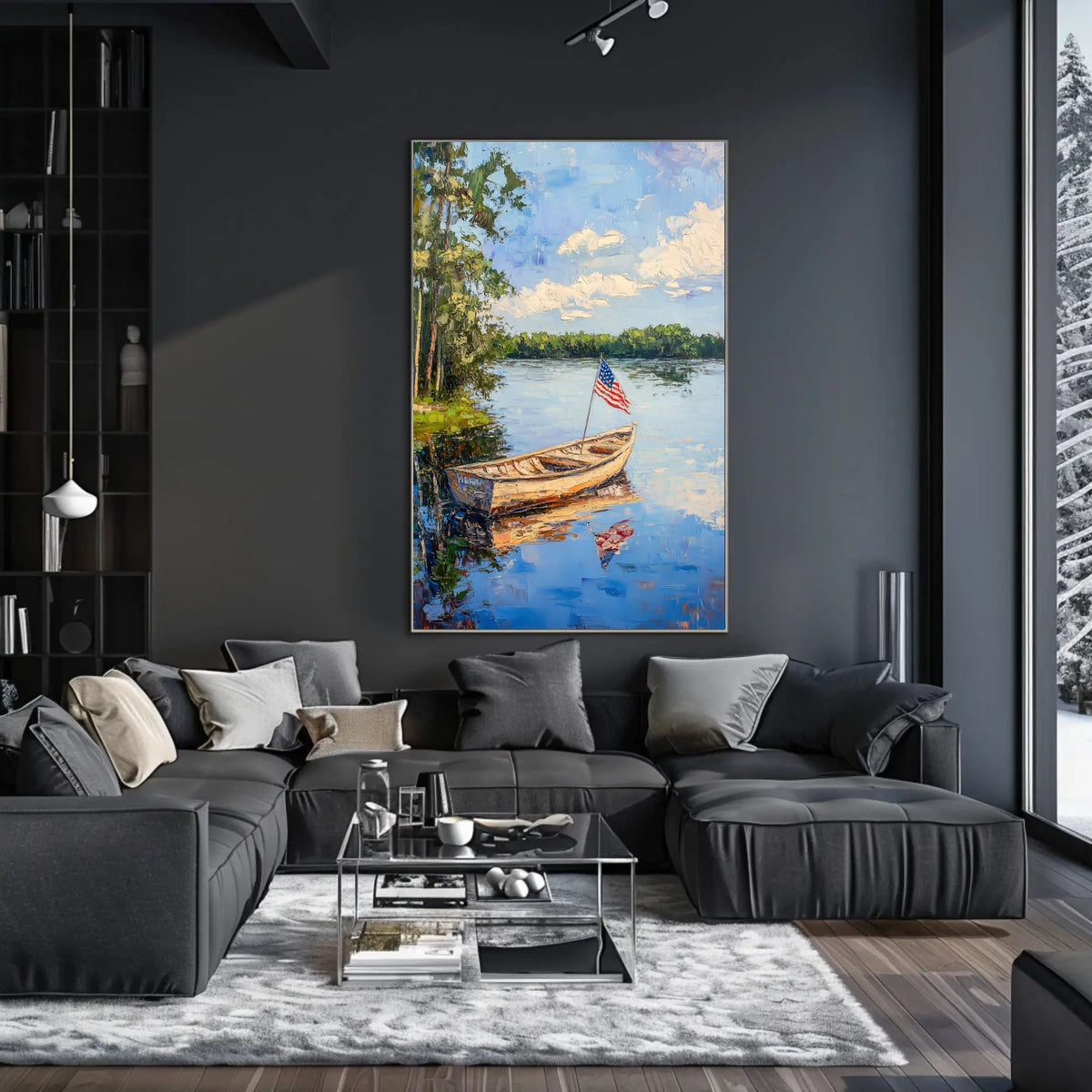 Tranquil Boat On A Calm Lake With American Flag Poster