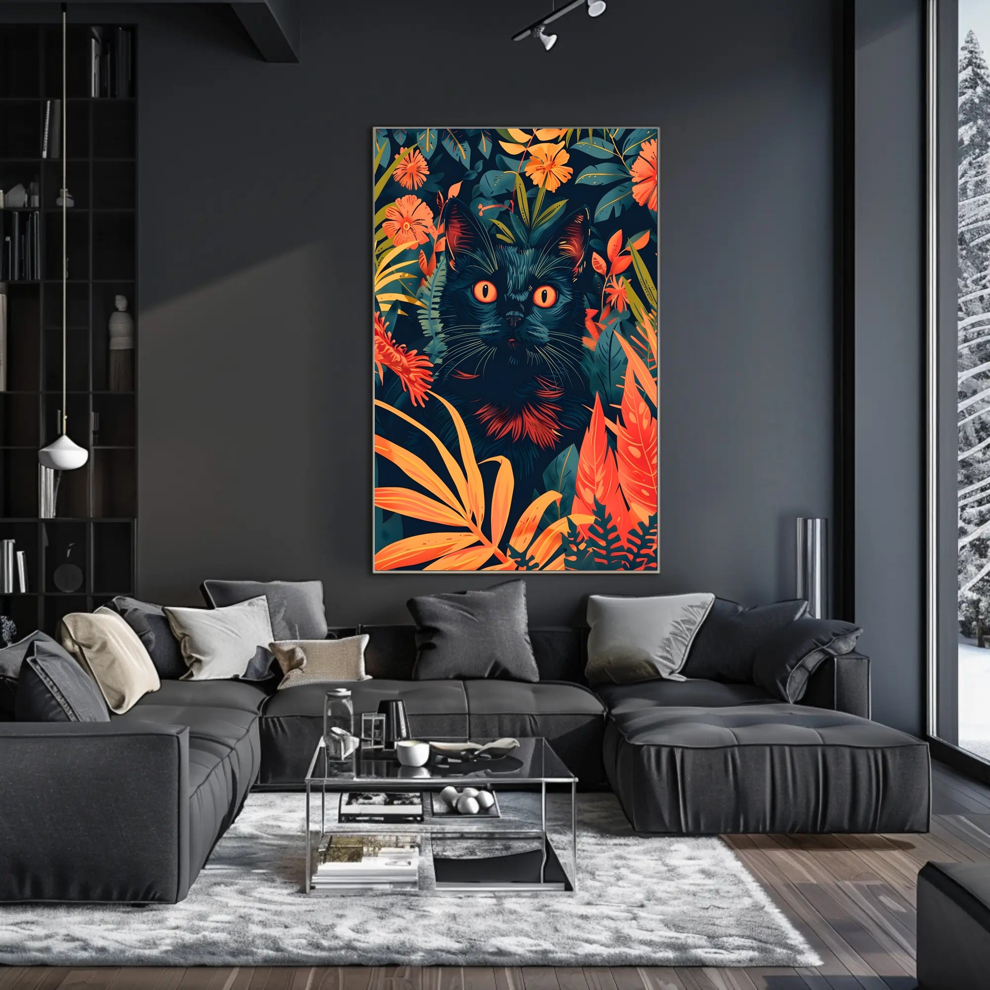 Striking Black Cat in Vibrant Jungle Animal Poster