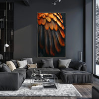 Vibrant Bird Feather Art: Orange and Black Elegance PosterGoat