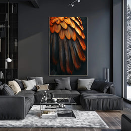 Vibrant Bird Feather Art: Orange and Black Elegance PosterGoat