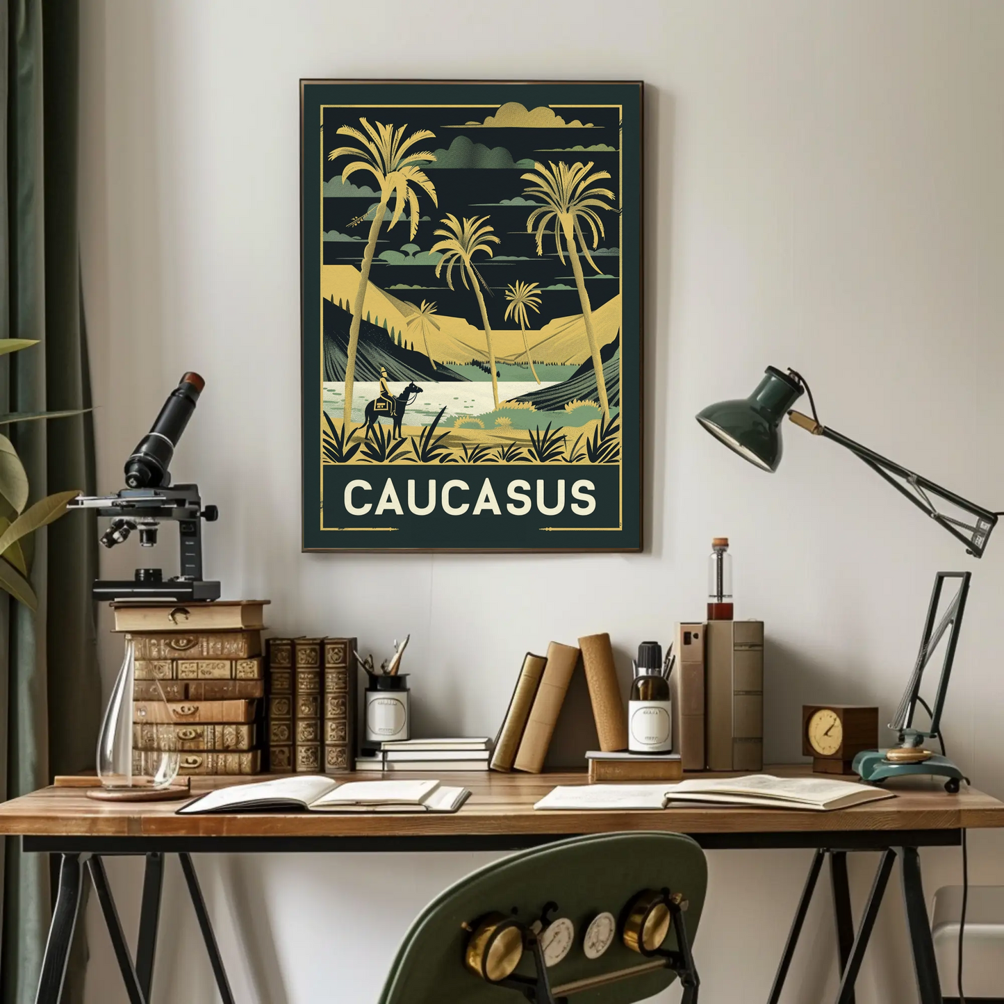 Caucasus Desert Palms Camel Rider Landscape Vintage Travel Poster