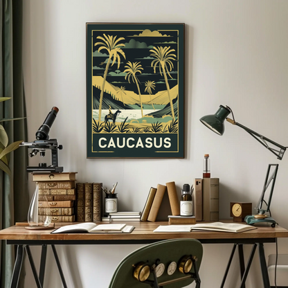 Caucasus Desert Palms Camel Rider Landscape Vintage Travel Poster