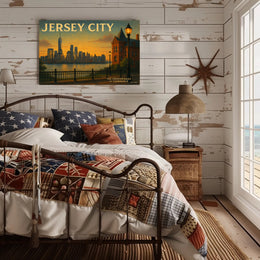 Jersey City Skyline Sunset Travel Poster
